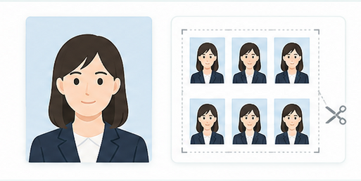 証明写真をL判に6枚並べ、印刷後に切り分けるイメージ